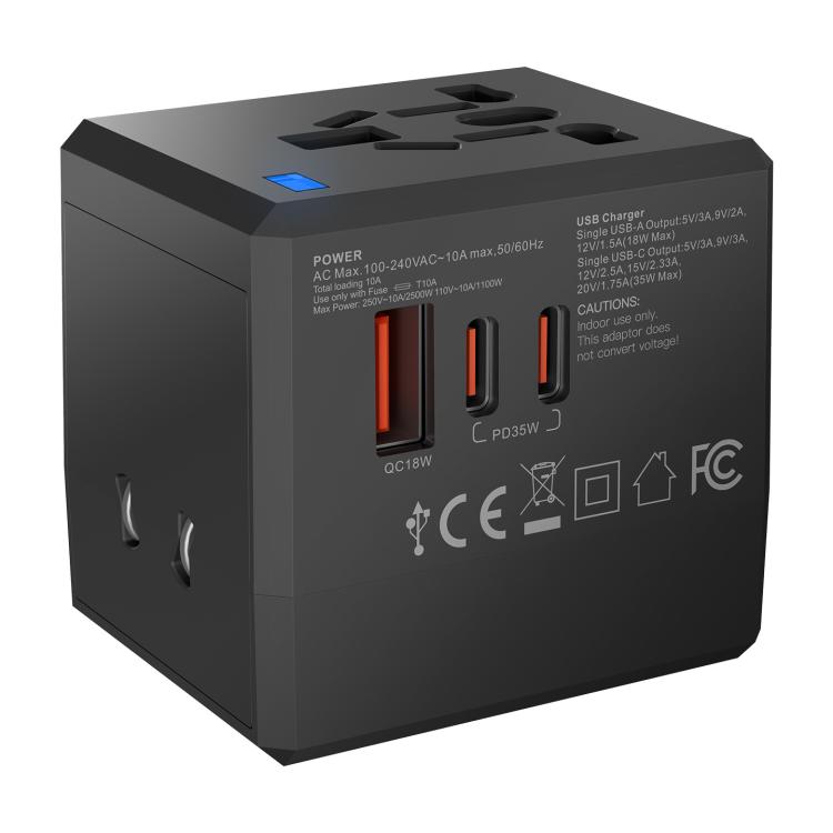 2-Port Type-C + USB-A Universal Travel Adapter Socket Worldwide Charger, 3.4A, PD20W, PD35W