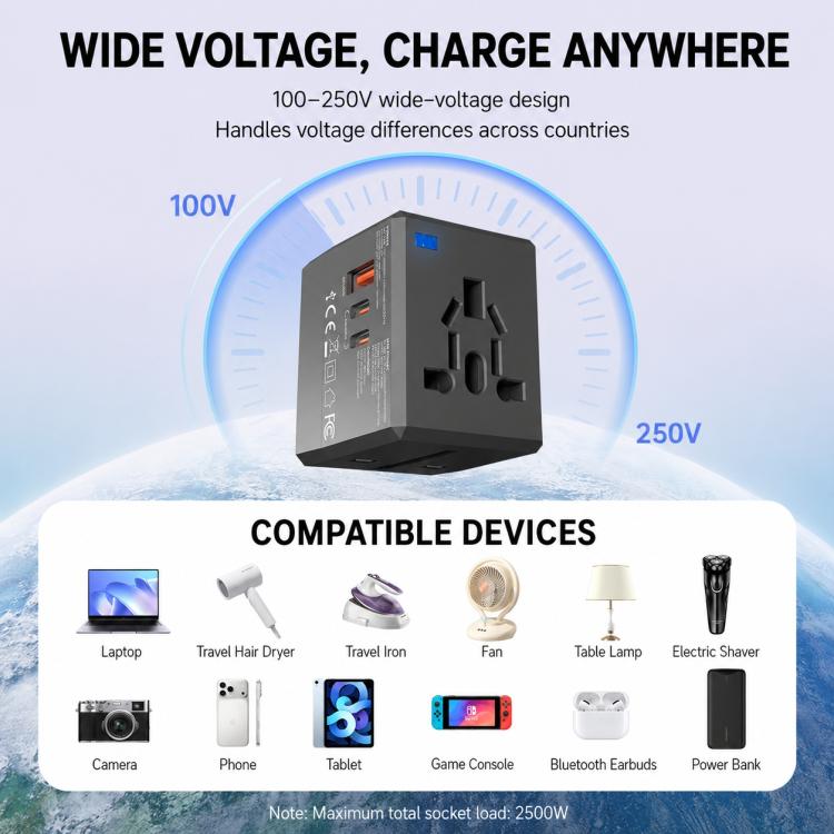 2-Port Type-C + USB-A Universal Travel Adapter Socket Worldwide Charger, 3.4A, PD20W, PD35W