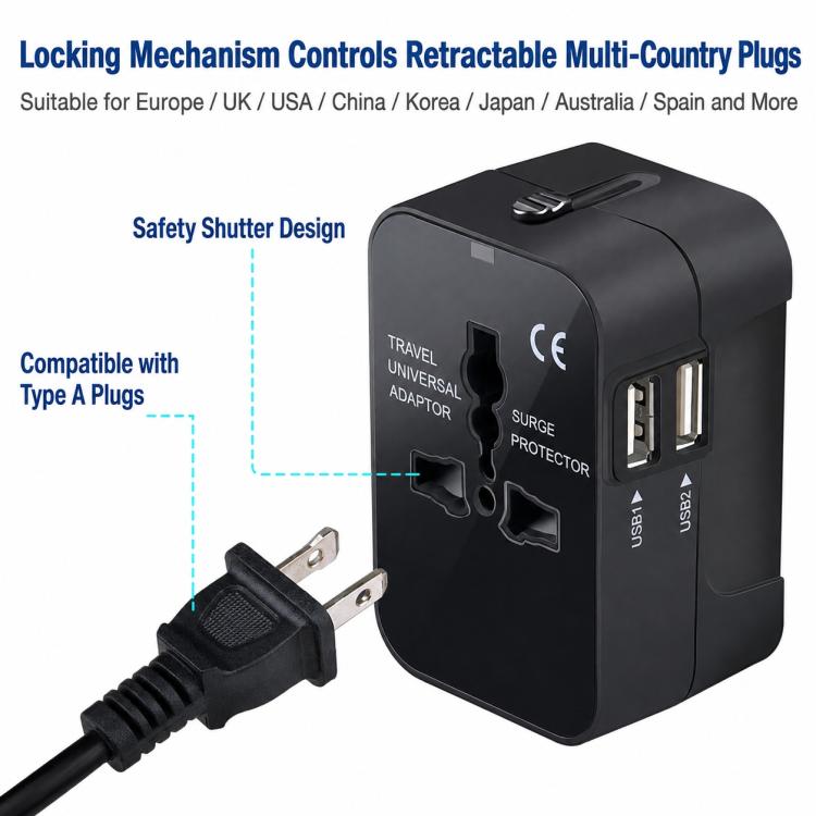 Universal Travel Adapter Multifunctional Power Socket Charger, 2.1A Dual-Port USB, 2.4A USB+Type-C