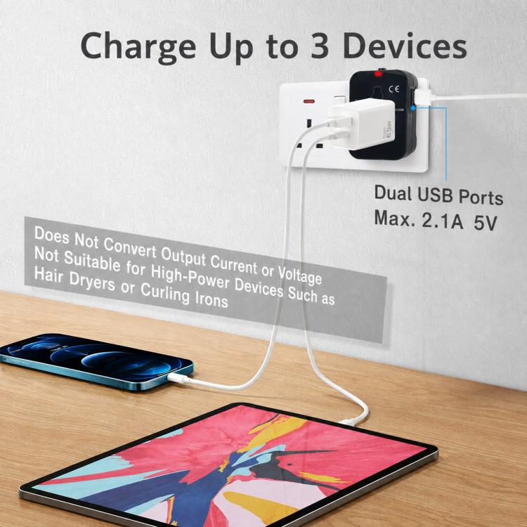 Universal Travel Adapter Multifunctional Power Socket Charger, 2.1A Dual-Port USB, 2.4A USB+Type-C