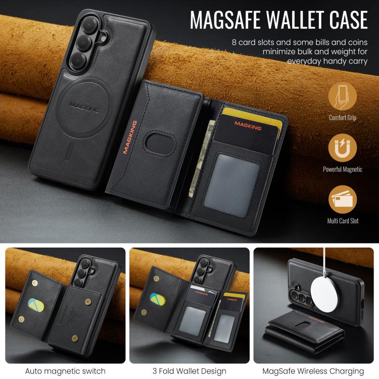 MAKGING Serie K5 Portafoglio pieghevole a tre ante con protezione RFID e custodia magnetica rimovibile per telefono, For Galaxy S26 5G