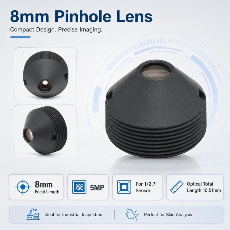 Lente appuntita da 8 mm, compatibile con chip da 1/2,7" per ispezione industriale, scansione della pelle, riconoscimento facciale e controllo accessi., 8mm Pointed Lens