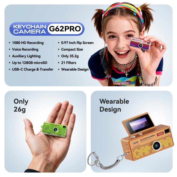 G62 Pro Schermo Flip da 0,97 pollici 1080P HD Pixel Portachiavi Retro Mini Fotocamera da Pollice