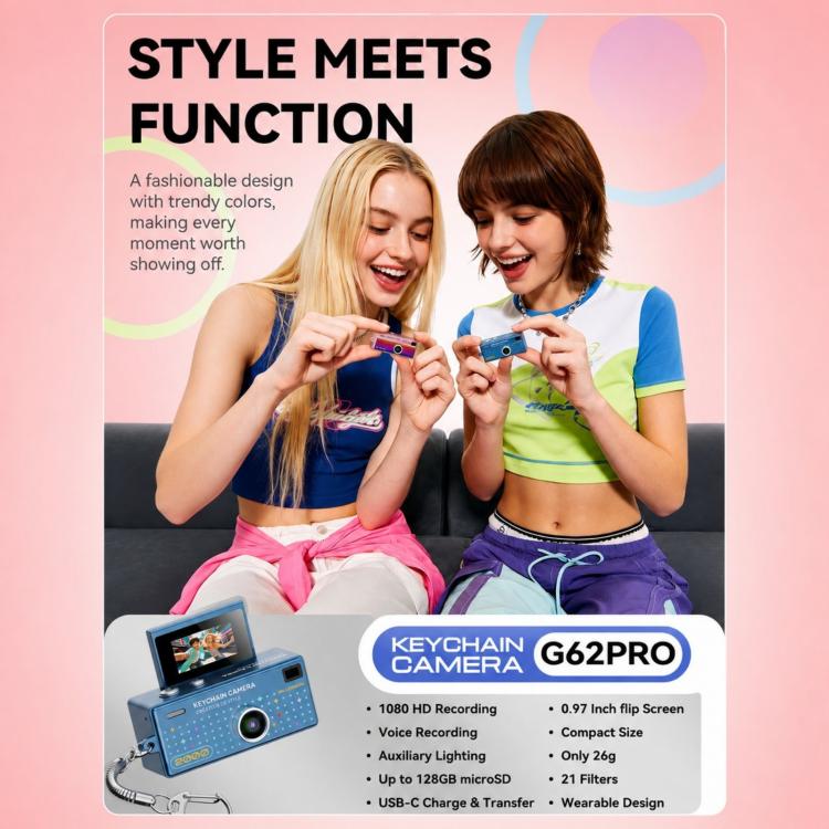 G62 Pro Schermo Flip da 0,97 pollici 1080P HD Pixel Portachiavi Retro Mini Fotocamera da Pollice