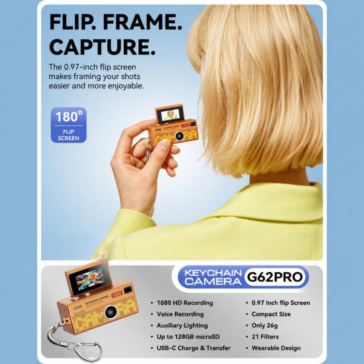G62 Pro Schermo Flip da 0,97 pollici 1080P HD Pixel Portachiavi Retro Mini Fotocamera da Pollice