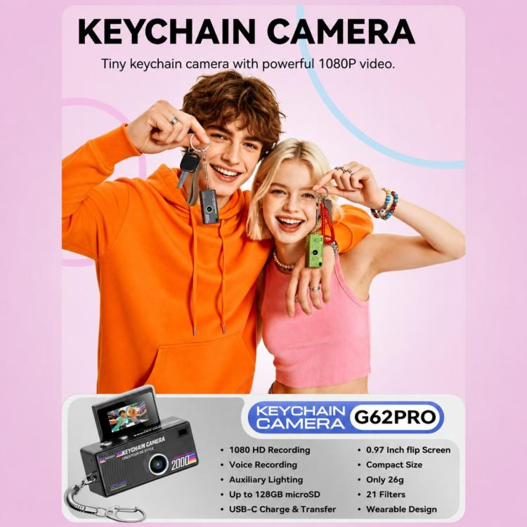 G62 Pro Schermo Flip da 0,97 pollici 1080P HD Pixel Portachiavi Retro Mini Fotocamera da Pollice