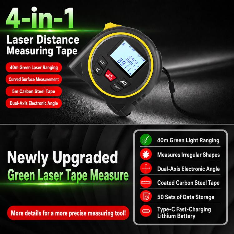 ZHENBING Strumento di misurazione laser 4 in 1: telemetro laser da 40 m e metro a nastro da 5 m