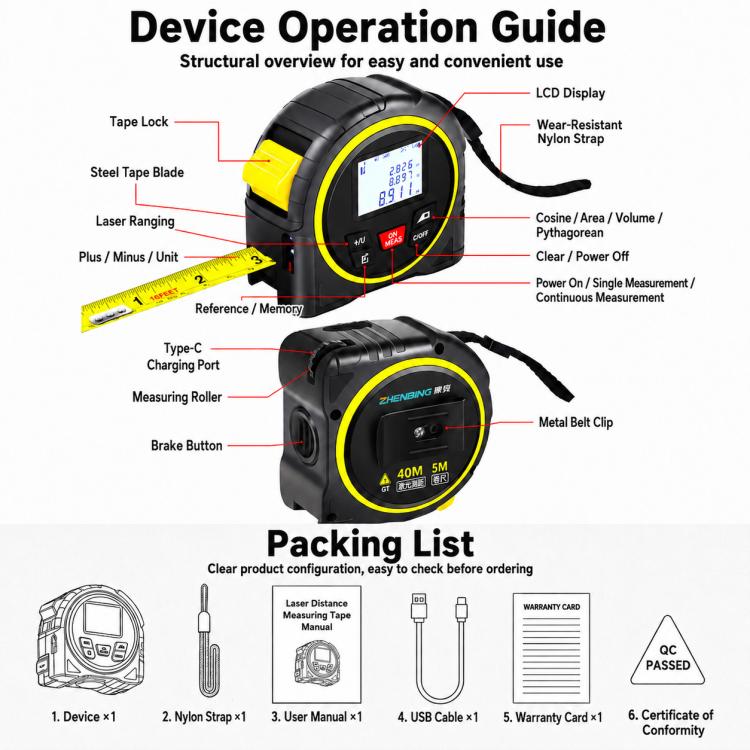 ZHENBING Strumento di misurazione laser 4 in 1: telemetro laser da 40 m e metro a nastro da 5 m