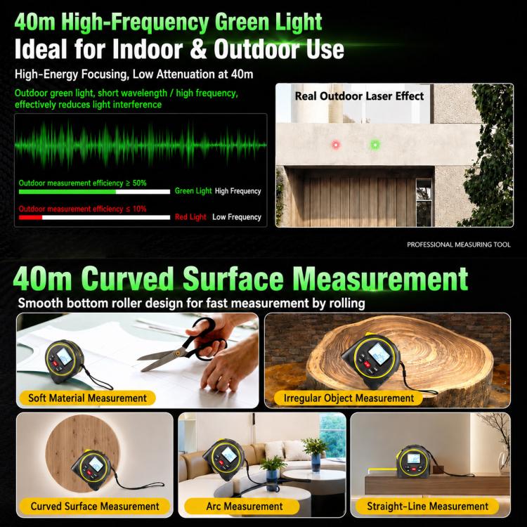 ZHENBING Strumento di misurazione laser 4 in 1: telemetro laser da 40 m e metro a nastro da 5 m