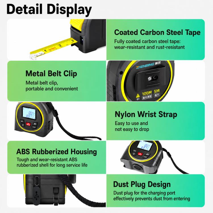 ZHENBING Strumento di misurazione laser 4 in 1: telemetro laser da 40 m e metro a nastro da 5 m