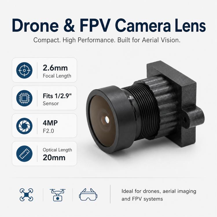 Modulo obiettivo FPV ultra grandangolare HD da 4 MP con apertura F2.0 da 1/2,9 pollici per fotografia aerea e trasmissione di immagini., F2.0 4MP HD Lens
