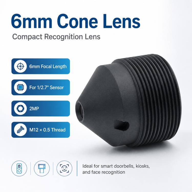 Lente conica appuntita da 6 mm, compatibile con scanner di codici a barre da 1/2,7 pollici, riconoscimento, terminale self-service, rilevamento volti, imaging HD., 6mm Pointed Cone Lens
