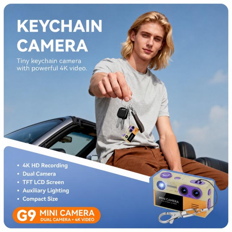 Mini fotocamera portatile portachiavi G9 4K con doppia fotocamera, schermo IPS rotante da 1,97 pollici.