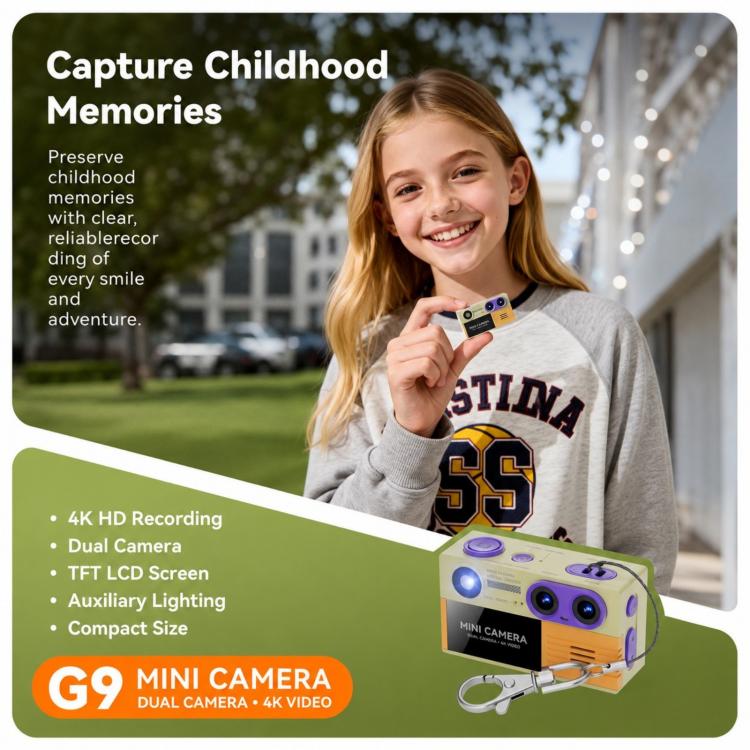 Mini fotocamera portatile portachiavi G9 4K con doppia fotocamera, schermo IPS rotante da 1,97 pollici.