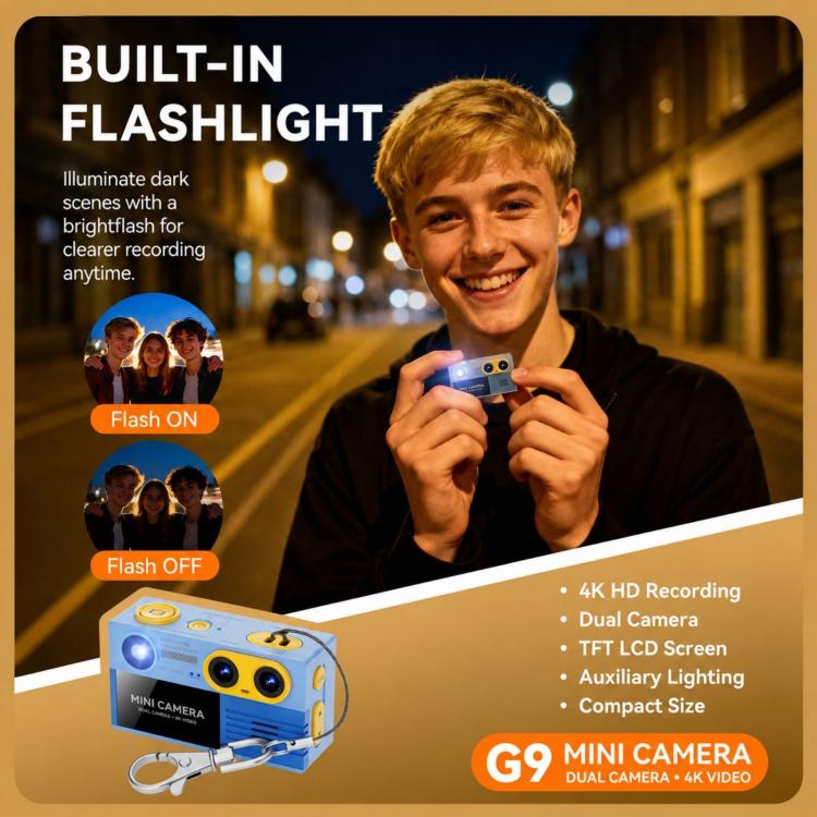 Mini fotocamera portatile portachiavi G9 4K con doppia fotocamera, schermo IPS rotante da 1,97 pollici.