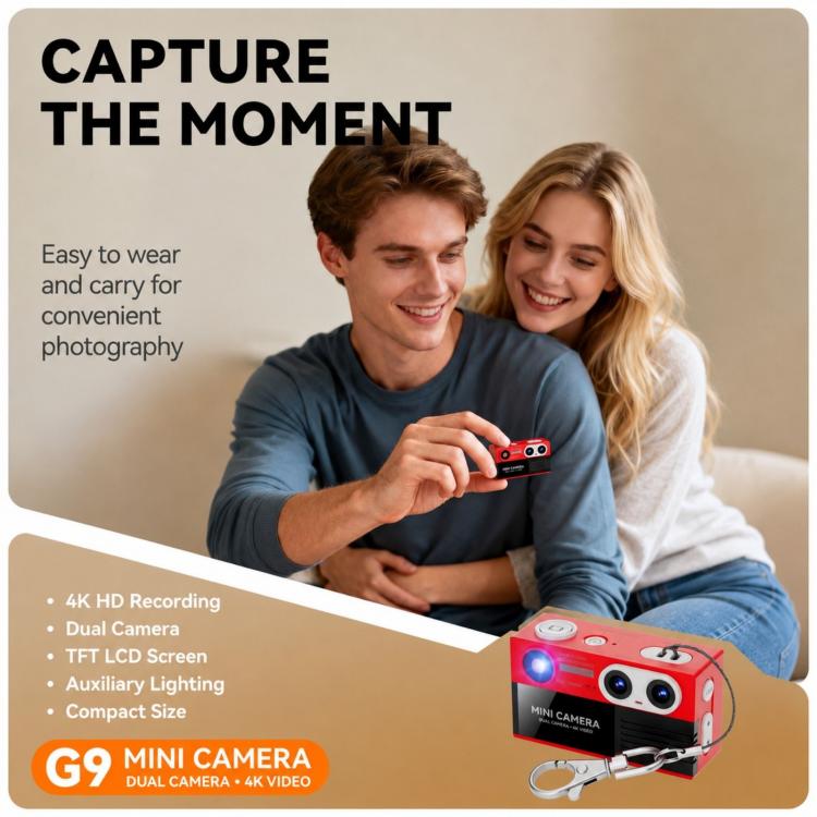 Mini fotocamera portatile portachiavi G9 4K con doppia fotocamera, schermo IPS rotante da 1,97 pollici.