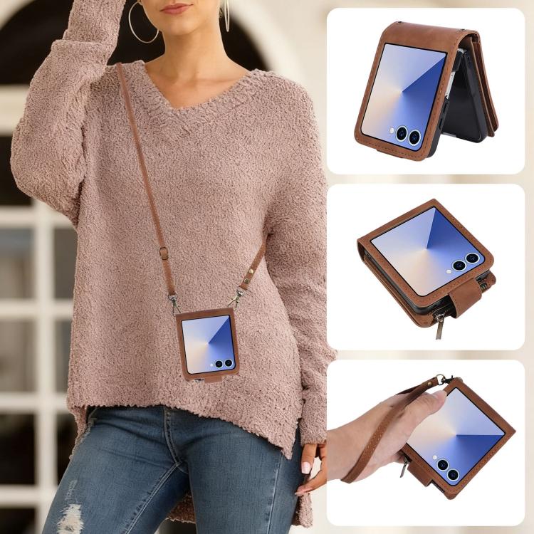 Portafoglio multifunzionale con cerniera satinata e custodia per telefono in pelle., For Galaxy Z Flip8 5G
