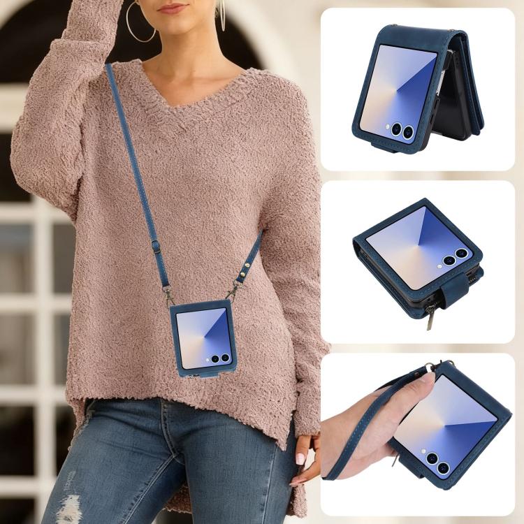Portafoglio multifunzionale con cerniera satinata e custodia per telefono in pelle., For Galaxy Z Flip8 5G