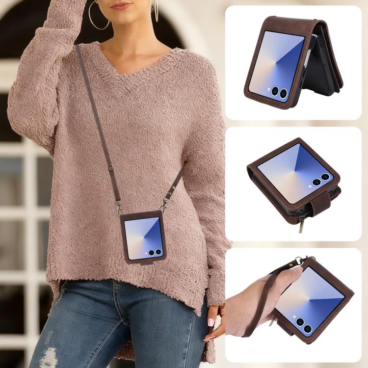 Portafoglio multifunzionale con cerniera satinata e custodia per telefono in pelle., For Galaxy Z Flip8 5G