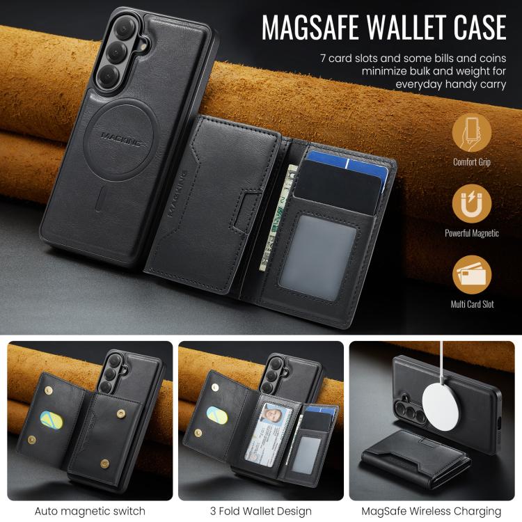 MAKGING Serie K4 MagSafe RFID Portafoglio a tre ante con custodia per telefono rimovibile, For Galaxy S26 FE 5G