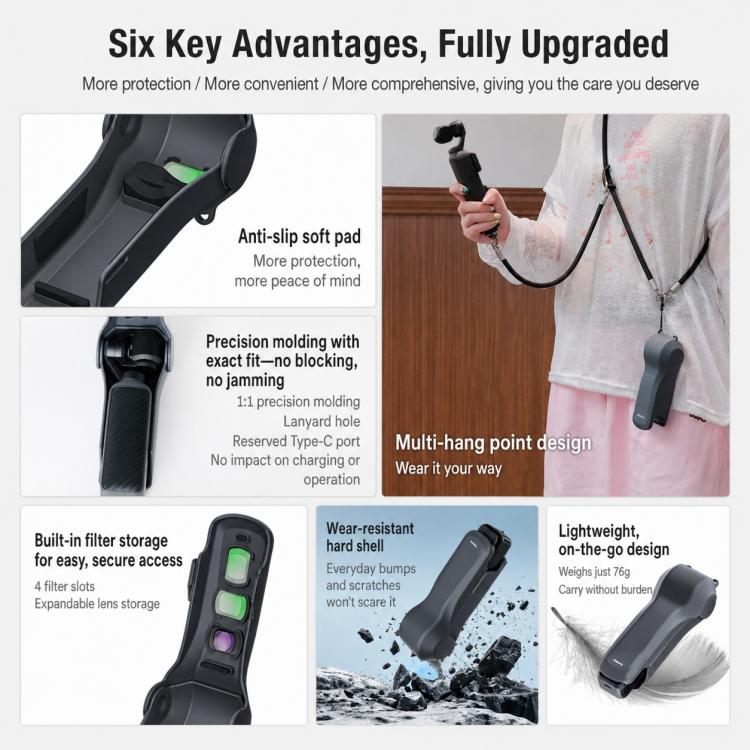 Custodia protettiva antiurto Xasurg con vano porta filtri per DJI Osmo Pocket 4/3, Standard Set, Cover + Lanyard + Wrist Strap, Cover + Lanyard + Buckle