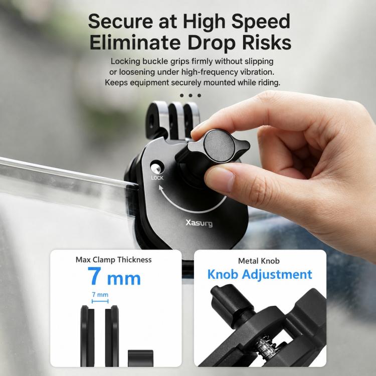Supporto universale Xasurg per action camera da fissare al parabrezza della moto.
