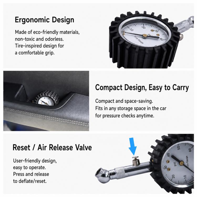 Manometro di precisione in metallo per pneumatici auto, Brass White Background Black Text, Brass Black Background White Text, Silver White Background Black Text, Silver Black Background White Text
