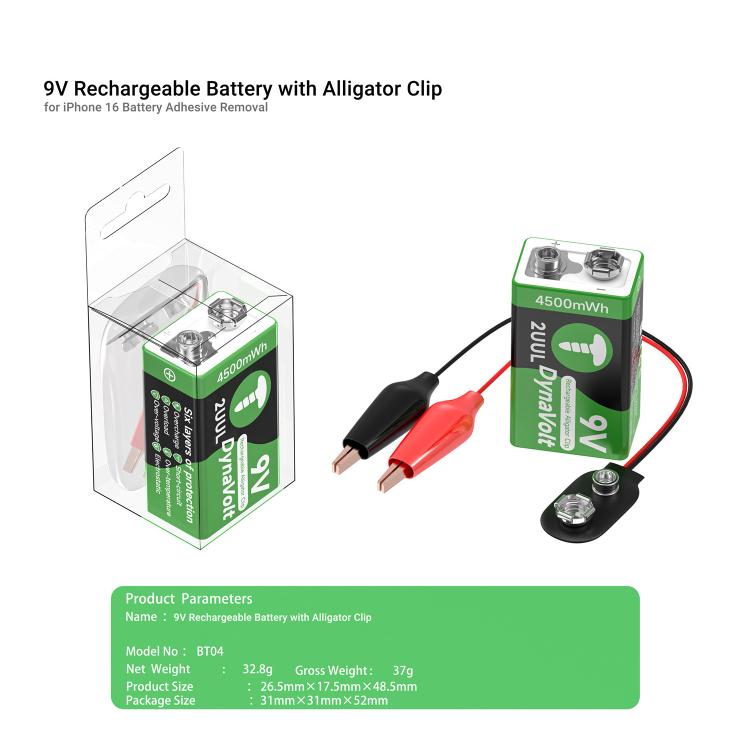 Cavo a sgancio rapido 2UUL BT04 per batteria da 9V con adesivo e alimentatore, For iPhone 16 Series