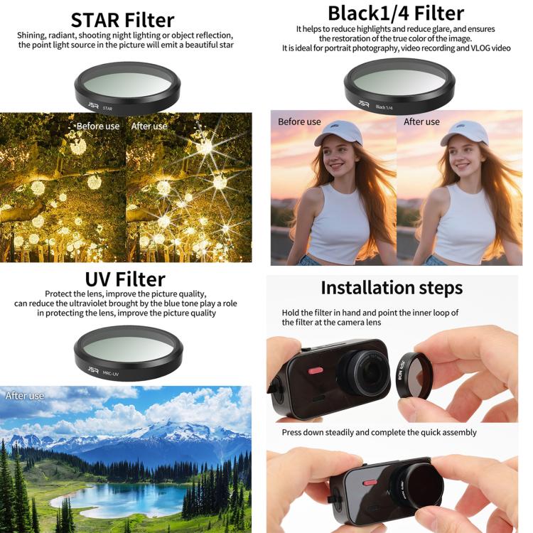 Filtro per obiettivo a sgancio rapido per fotocamera Hikvision D2 serie JSR KB, UV, CPL, ND8, ND16, ND32, ND64, STAR, NIGHT, Black Mist 1/4, 4 in 1 ND8-64, 4 in 1 CPL ND, 6 in 1 ND UV CPL, 8 in 1 Mixed Filter, 12 in 1 Mixed Filter