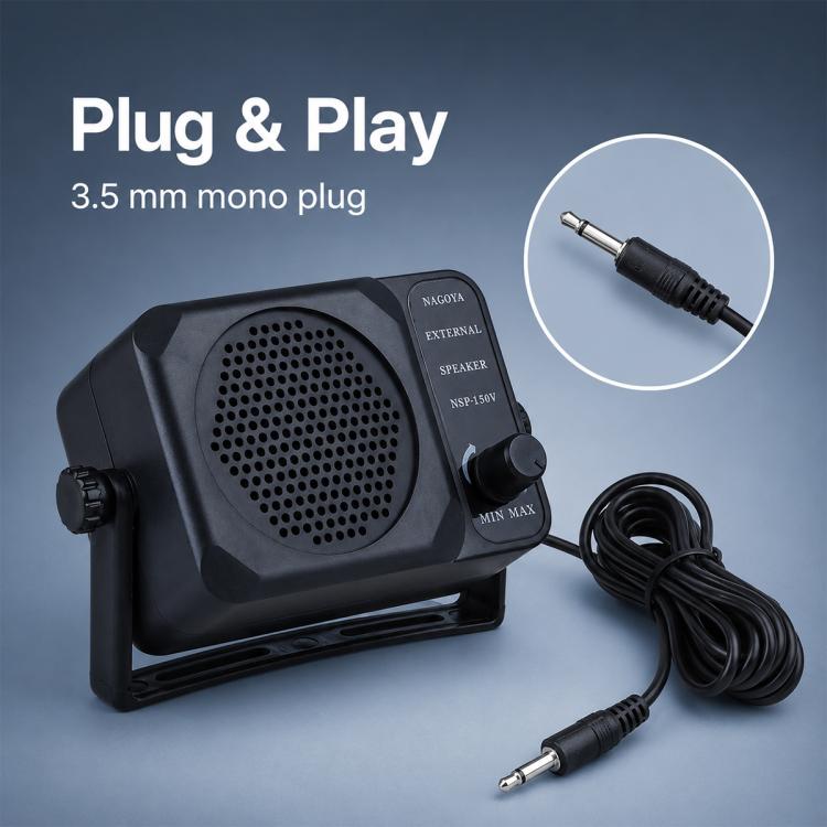 Altoparlante esterno per autoradio NSP-150V con controllo del volume e supporto regolabile.
