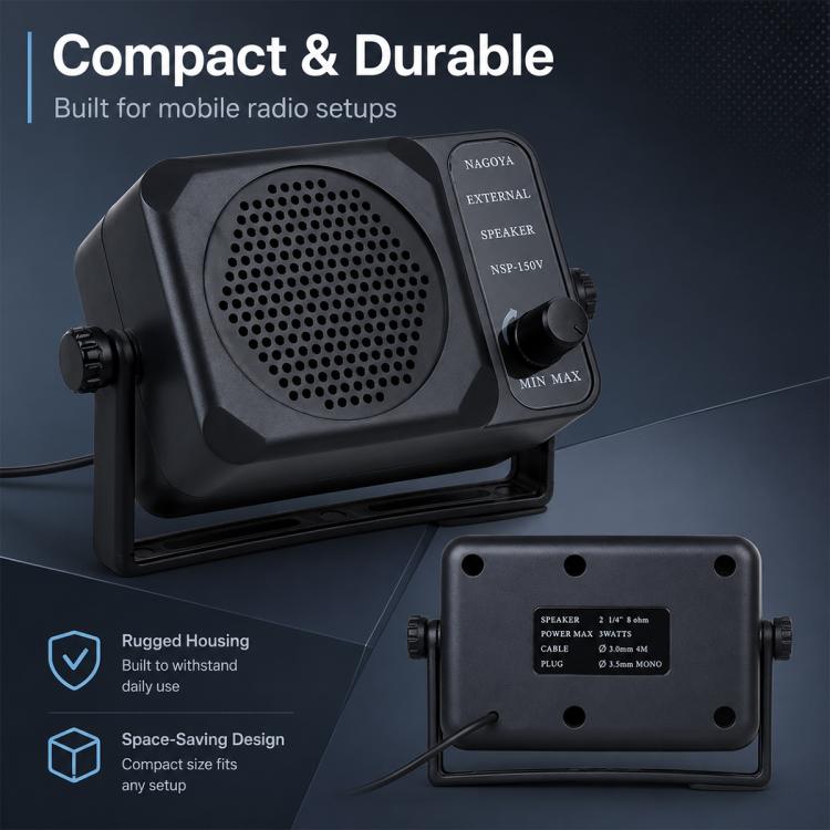 Altoparlante esterno per autoradio NSP-150V con controllo del volume e supporto regolabile.