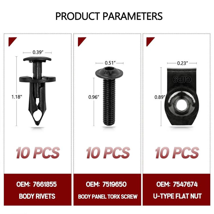 Set da 10 pezzi di clip piatte a forma di U, dadi di fissaggio, rivetti, viti Torx per pannelli della carrozzeria dell'auto.