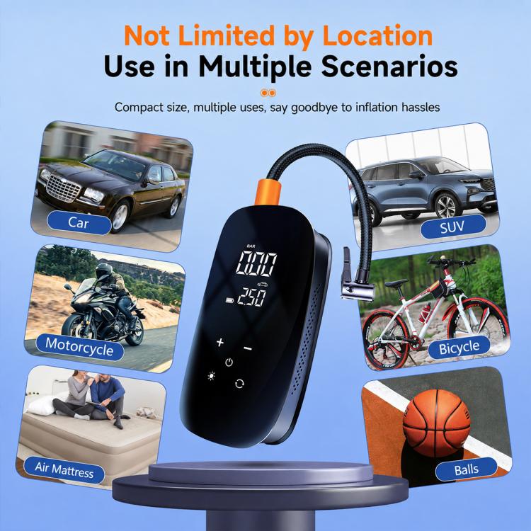 Pompa d'aria per auto wireless con display digitale, pompa d'aria elettrica portatile per pneumatici.