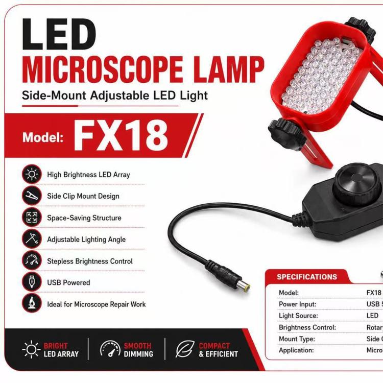 Sorgente luminosa a LED per microscopio FX18 ad alta luminosità e messa a fuoco regolabile, montata lateralmente., FX18