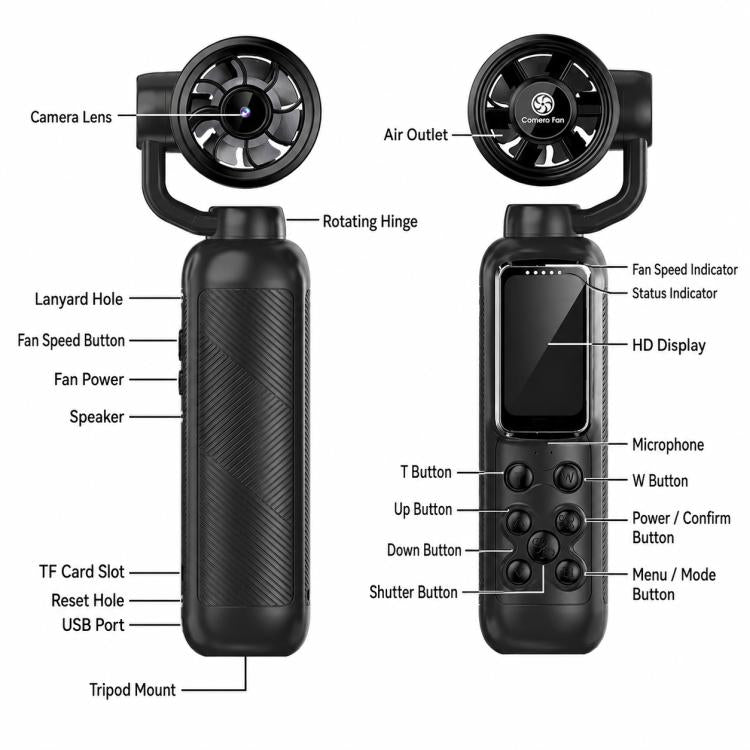 Videocamera portatile per vlog con schermo IPS da 1,47 pollici, risoluzione HD 2.5K e ventola, con risoluzione 2.5K.