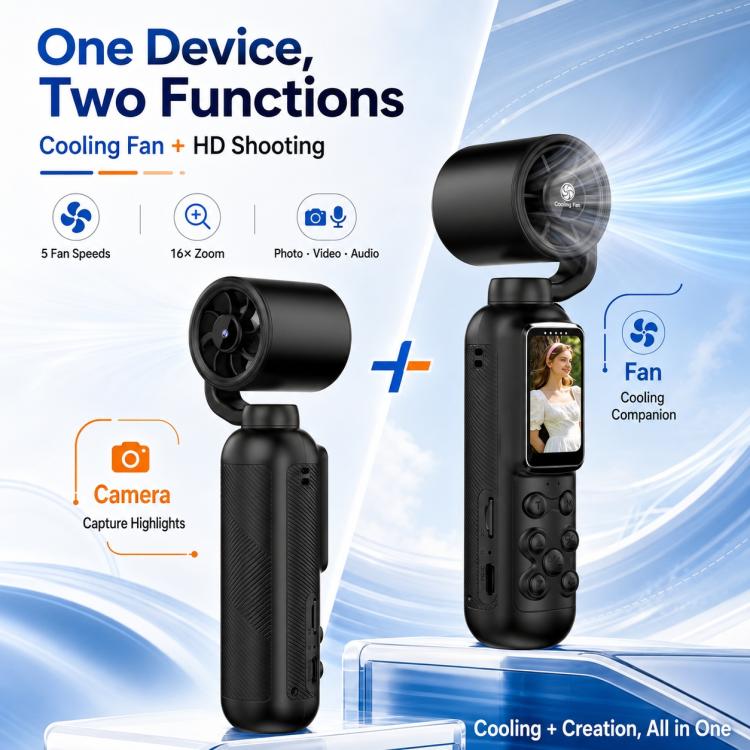 Videocamera portatile per vlog con schermo IPS da 1,47 pollici, risoluzione HD 2.5K e ventola, con risoluzione 2.5K.
