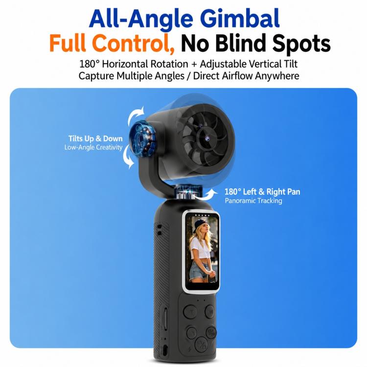 Videocamera portatile per vlog con schermo IPS da 1,47 pollici, risoluzione HD 2.5K e ventola, con risoluzione 2.5K.