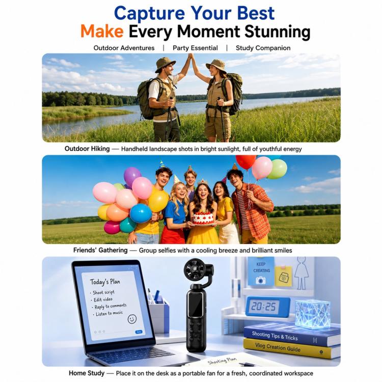 Videocamera portatile per vlog con schermo IPS da 1,47 pollici, risoluzione HD 2.5K e ventola, con risoluzione 2.5K.