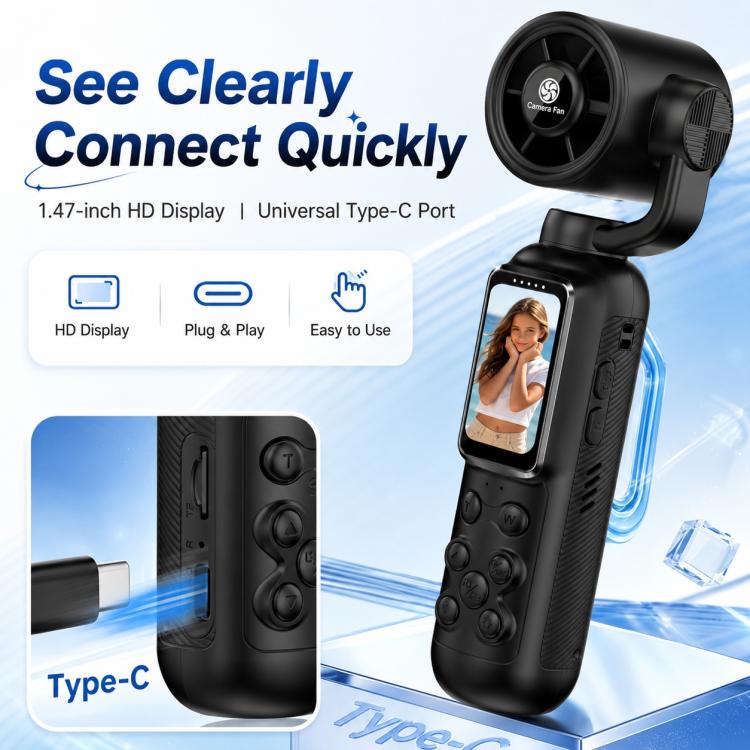 Videocamera portatile per vlog con schermo IPS da 1,47 pollici, risoluzione HD 2.5K e ventola, con risoluzione 2.5K.