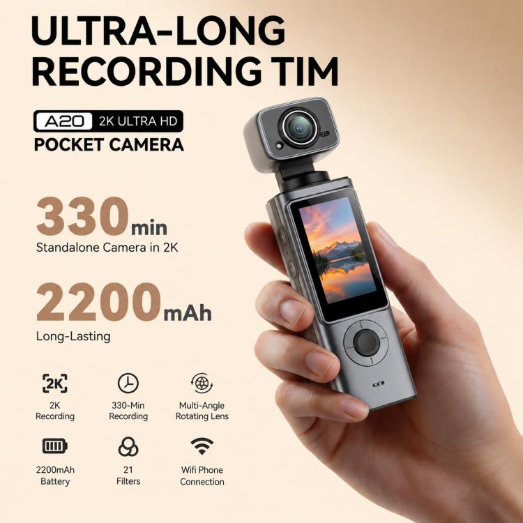 Videocamera sportiva portatile da esterno con schermo IPS da 1,9 pollici e risoluzione 2K per vlog d'azione e riprese in esterni.