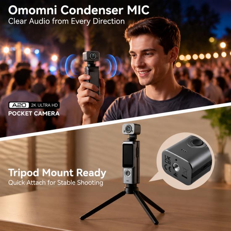 Videocamera sportiva portatile da esterno con schermo IPS da 1,9 pollici e risoluzione 2K per vlog d'azione e riprese in esterni.