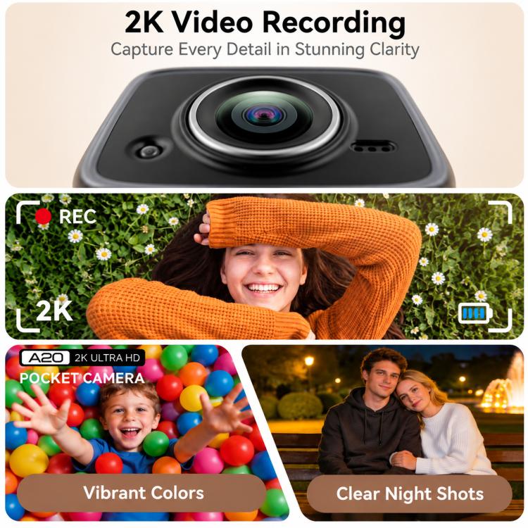 Videocamera sportiva portatile da esterno con schermo IPS da 1,9 pollici e risoluzione 2K per vlog d'azione e riprese in esterni.