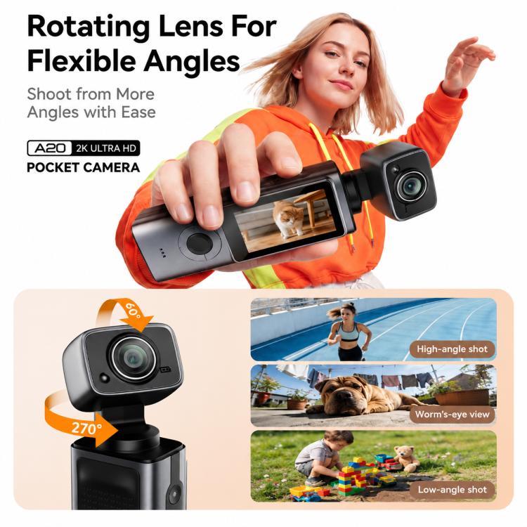Videocamera sportiva portatile da esterno con schermo IPS da 1,9 pollici e risoluzione 2K per vlog d'azione e riprese in esterni.