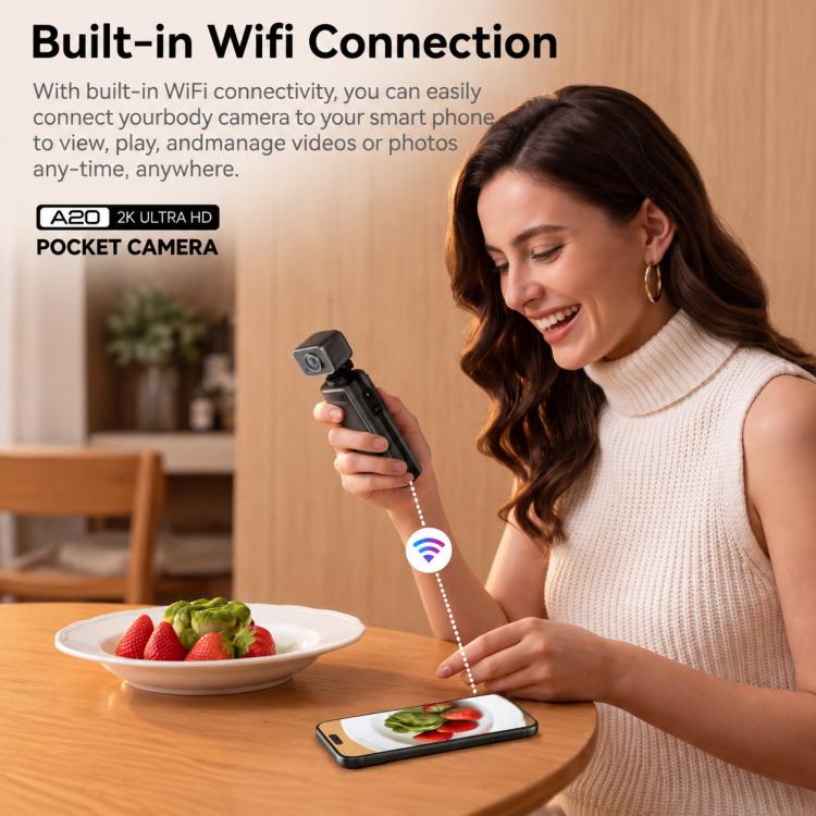 Videocamera sportiva portatile da esterno con schermo IPS da 1,9 pollici e risoluzione 2K per vlog d'azione e riprese in esterni.