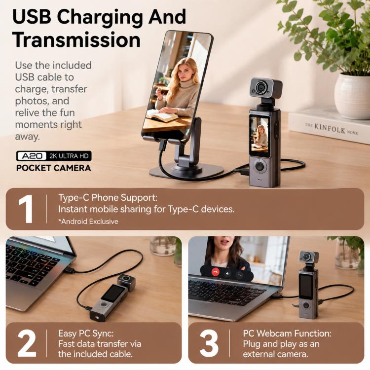 Videocamera sportiva portatile da esterno con schermo IPS da 1,9 pollici e risoluzione 2K per vlog d'azione e riprese in esterni.