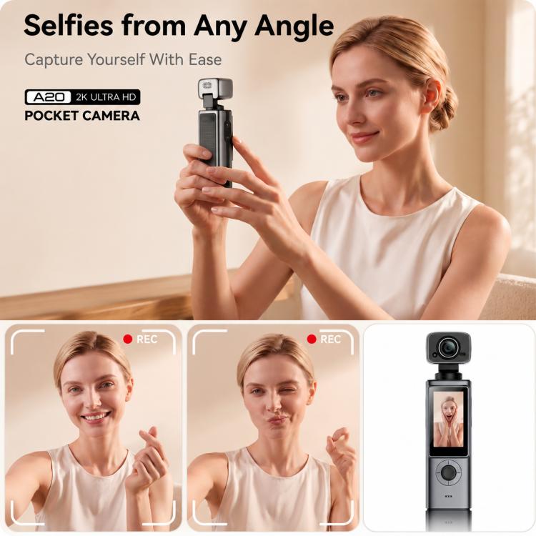 Videocamera sportiva portatile da esterno con schermo IPS da 1,9 pollici e risoluzione 2K per vlog d'azione e riprese in esterni.