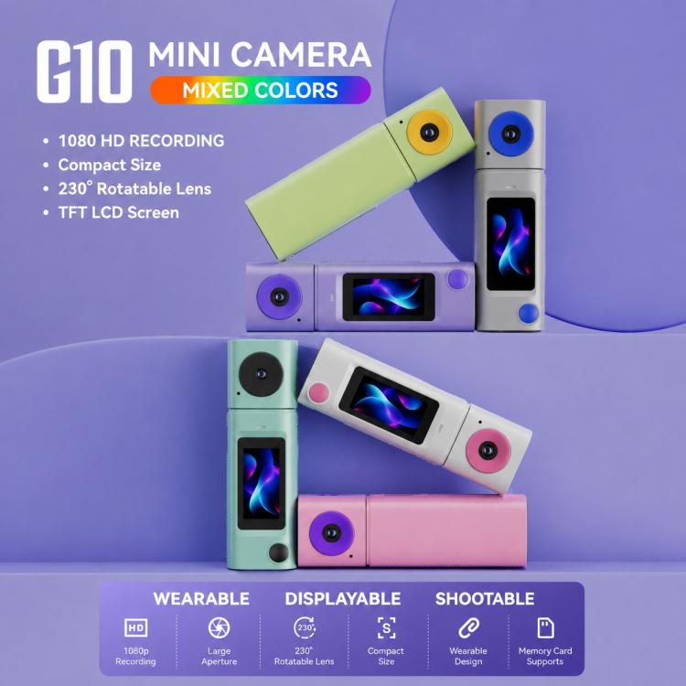 Mini fotocamera G10 con obiettivo girevole per esterni, risoluzione HD 1080P.