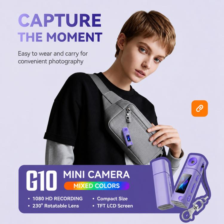 Mini fotocamera G10 con obiettivo girevole per esterni, risoluzione HD 1080P.