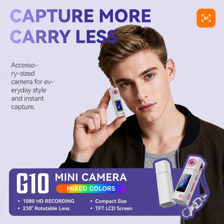 Mini fotocamera G10 con obiettivo girevole per esterni, risoluzione HD 1080P.