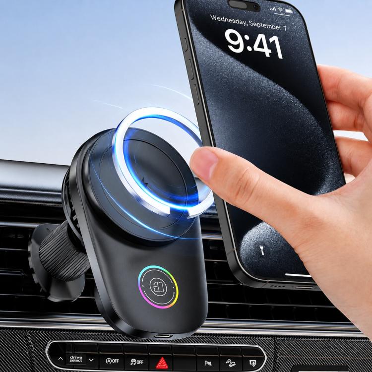 Supporto per auto con caricabatterie wireless magnetico da 15 W, girevole tramite touch screen, con raffreddamento integrato e luce RGB., T15